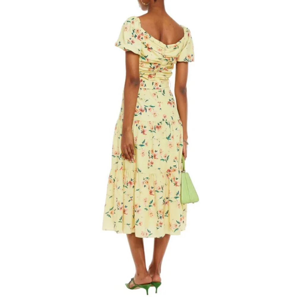 💕PALOMA BLUE💕 Evie Gathered Floral-Print Crepe Midi Dress Yellow Medium M NWOT - Picture 3 of 16